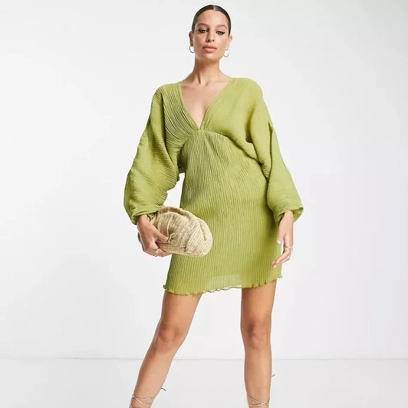 asos tall mini dress ASOS DESIGN Tall bias plisse mini dress with batwing sleeve in olive